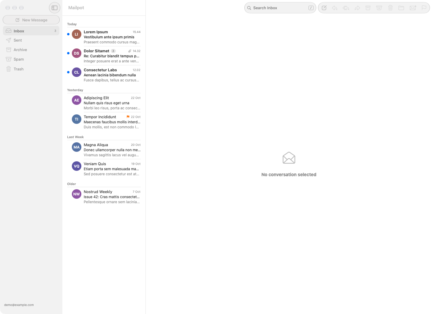 Mailpot's main window with a sidebar of folders, an inbox grouped by Today, Yesterday, Last Week and Older, filled with lorem ipsum demo mail